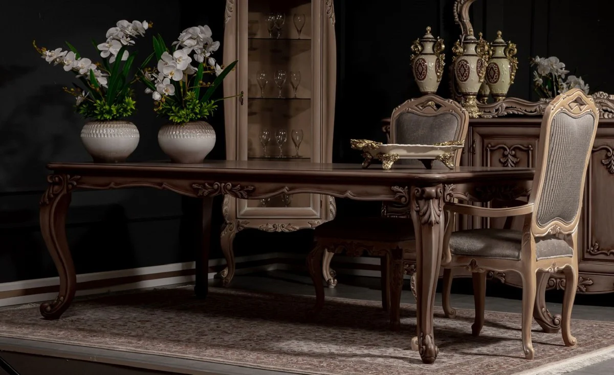 Luxury baroque dining room set brown / gray / natural colors - 1 baroque dining table & 8 baroque dining chairs - magnificent dining room furniture in baroque style