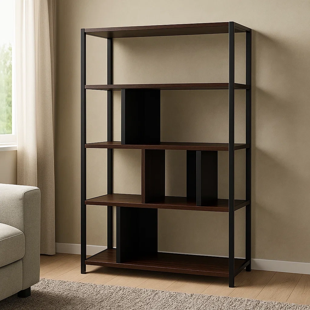Offenes Bücherregal mit 4 Ablagen, MDF-Platte und Metallgestell, braun und schwarz, freistehend, für Wohnzimmer oder Büro, 80 x 30 x 180 cm - 0Vu8NrkcS6pb
