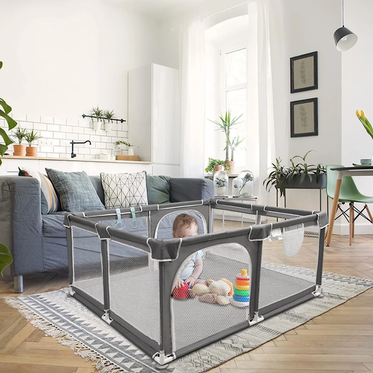 Baby-Laufstall, 127 x 127 cm, Pack N Play, Laufstall, Babygitter, Kinderaktivitätscenter, Laufstall für Babys und Kleinkinder, für drinnen und draußen (schwarz)