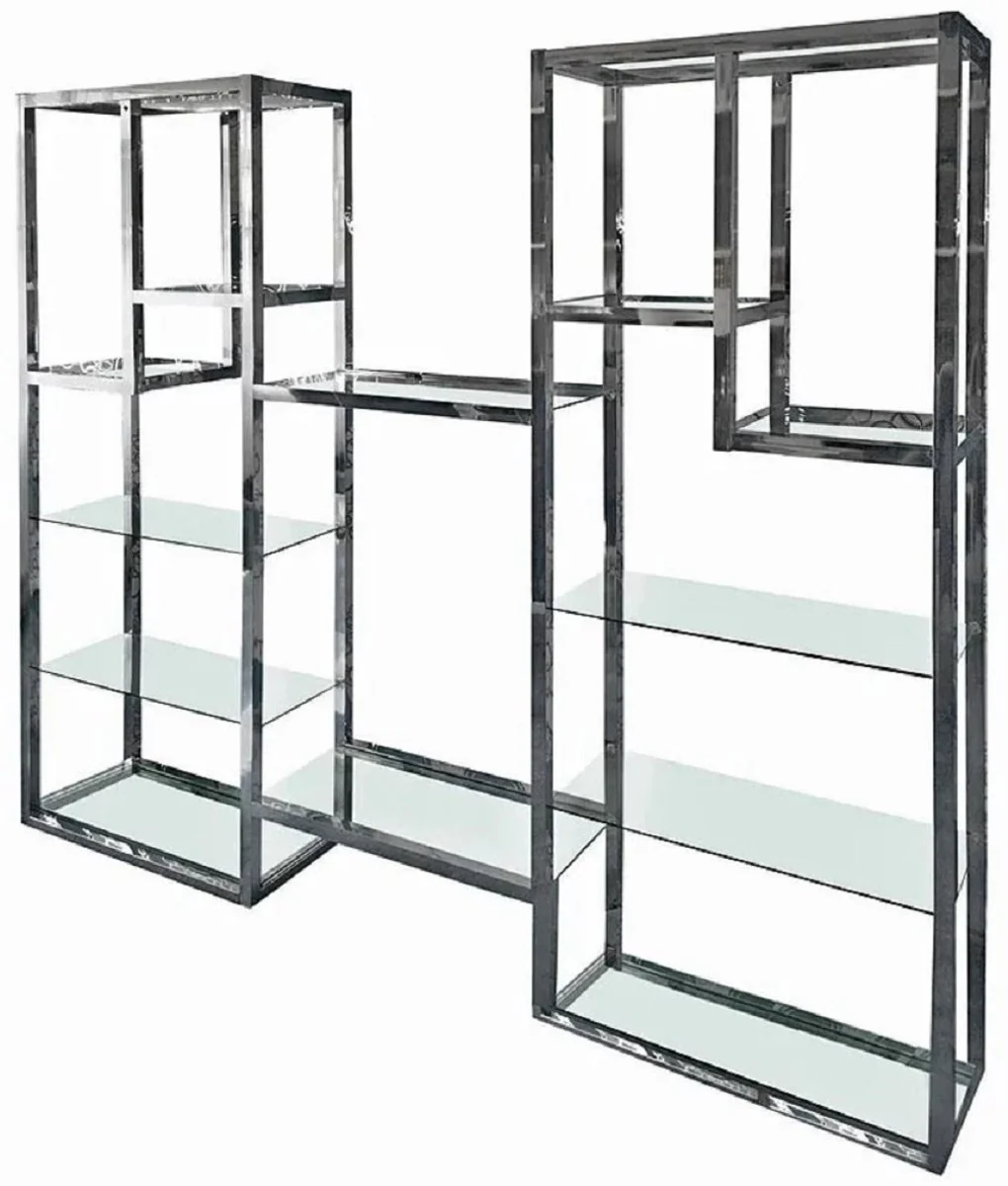 Shelf cabinet with glass shelves silver 220 x 40 x H. 220 cm - bookcase - living room cabinet - office cabinet - living room furniture - office furniture - luxury furniture