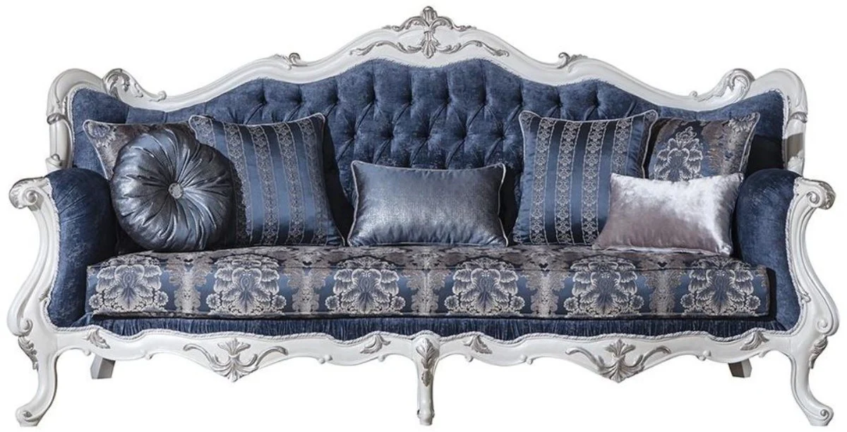 Luxury baroque living room sofa with pattern and decorative pillows blue / white / silver 240 x 90 x H. 120 cm - Magnificent baroque furniture