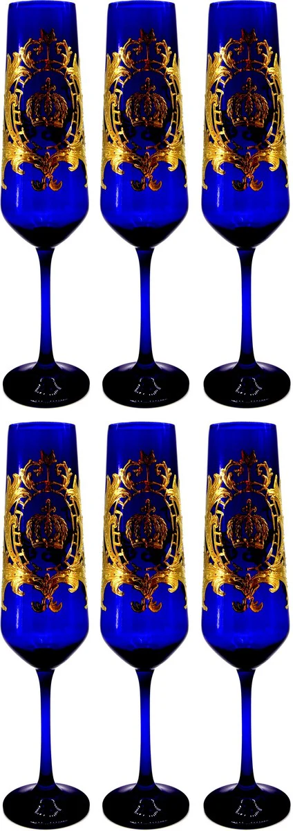Pompöös by Luxus Champagne glass set royal blue / gold Ø 6 x H. 25 cm - Champagne glasses with 24 carat gold plating - Pompöös glasses designed by Harald Glööckler