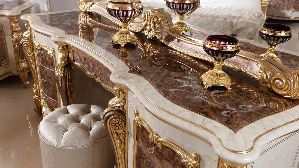Luxury Baroque Bedroom Set White / Brown / Gold / Silver - 1 Baroque Dressing Table & 1 Baroque Mirror & 1 Baroque Stool - Baroque Bedroom Furniture - Noble & Magnificent