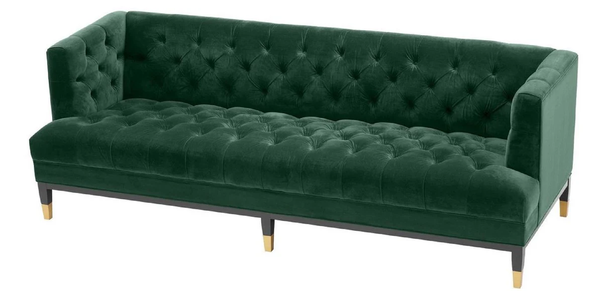 Luxury living room sofa green / black / brass 230 x 85 x H. 79 cm - Chesterfield velvet sofa