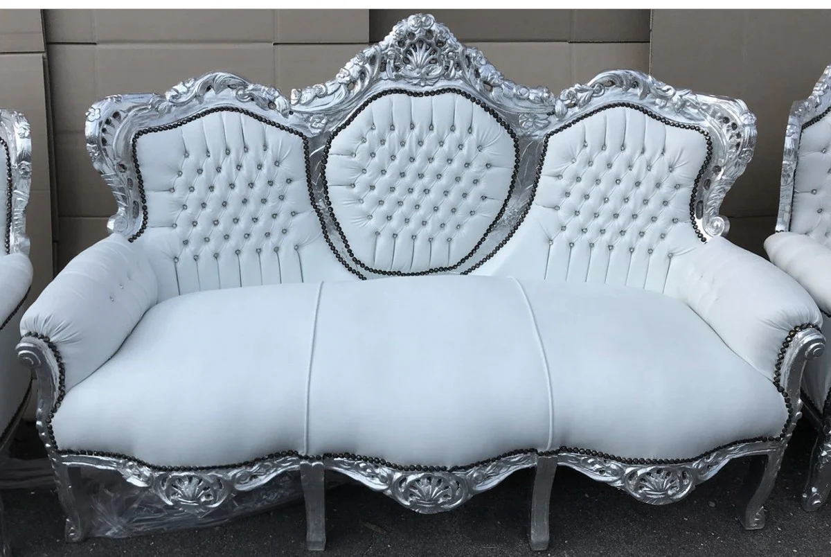 Barock Sofa Garnitur Weiß Lederoptik / Silber + 2 Sessel mit Glitzersteinen - Wohnzimmer Barock