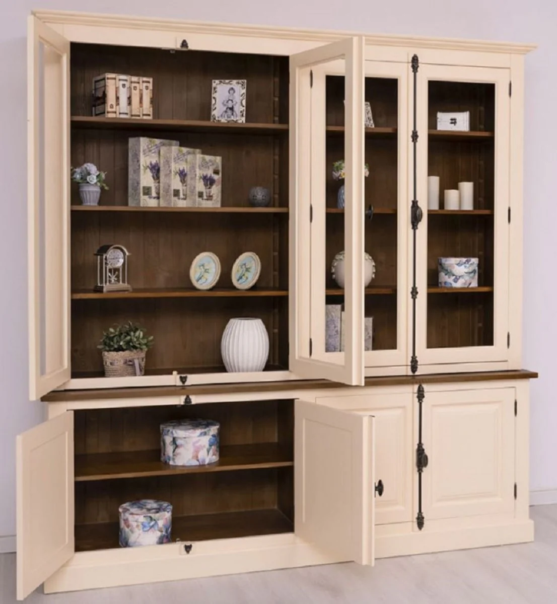 Country house style dining room cabinet cream / brown 223 x 50 x H. 228 cm - solid wood kitchen cabinet - dining room furniture in country house style - country house style dining room furnishings