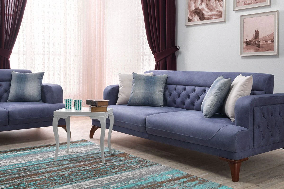 Designer 3er Sofa Venice Blau / Holzfarbig - Hotel Sofa