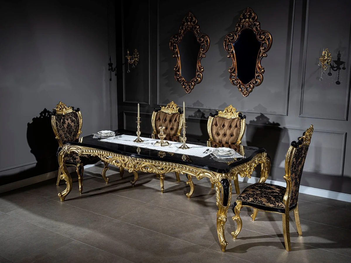 Luxury baroque dining room chair set with elegant pattern brown / black / gold 60 x 65 x H. 120 cm - kitchen chairs set of 6 in baroque style - baroque dining room furniture