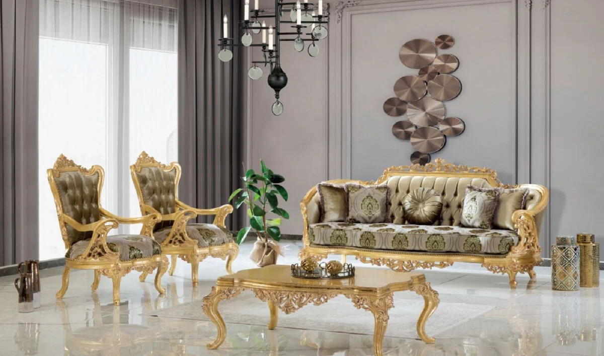 Luxury Baroque Sofa Green / Gray / Gold 235 x 95 x H. 110 cm - Handmade Living Room Sofa with Elegant Pattern - Baroque Living Room Furniture - Noble & Magnificent