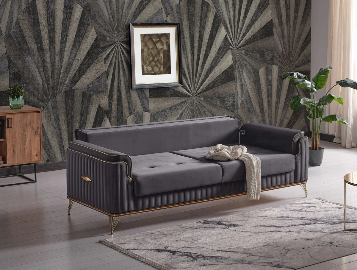 Luxury sofa bed dark gray / brown / gold 228 x 94 x H. 88 cm - living room sofa with 3 cushions - luxury living room furniture