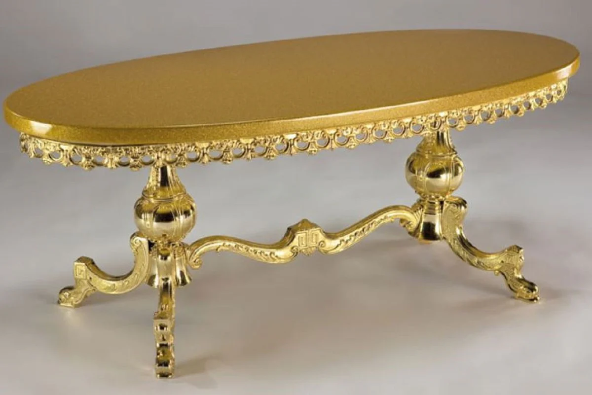 Luxury baroque coffee table gold 121 x 51 x H. 47 cm - Oval brass living room table with solid wood table top - Living room furniture in baroque style - Noble baroque furniture