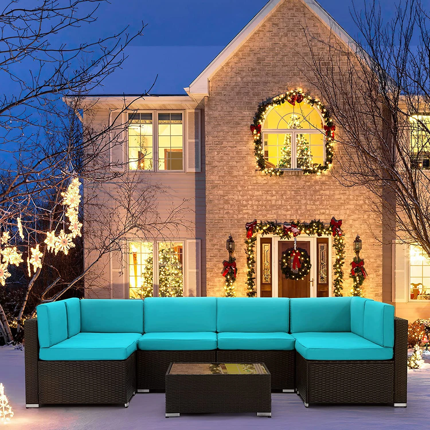 U-MAX 7 Piece Outdoor Patio-Möbel-Set, PE Rattan Wicker Sofa Set, Outdoor-Ausschnitt Möbelstuhl mit Khaki Kissen und Teetisch