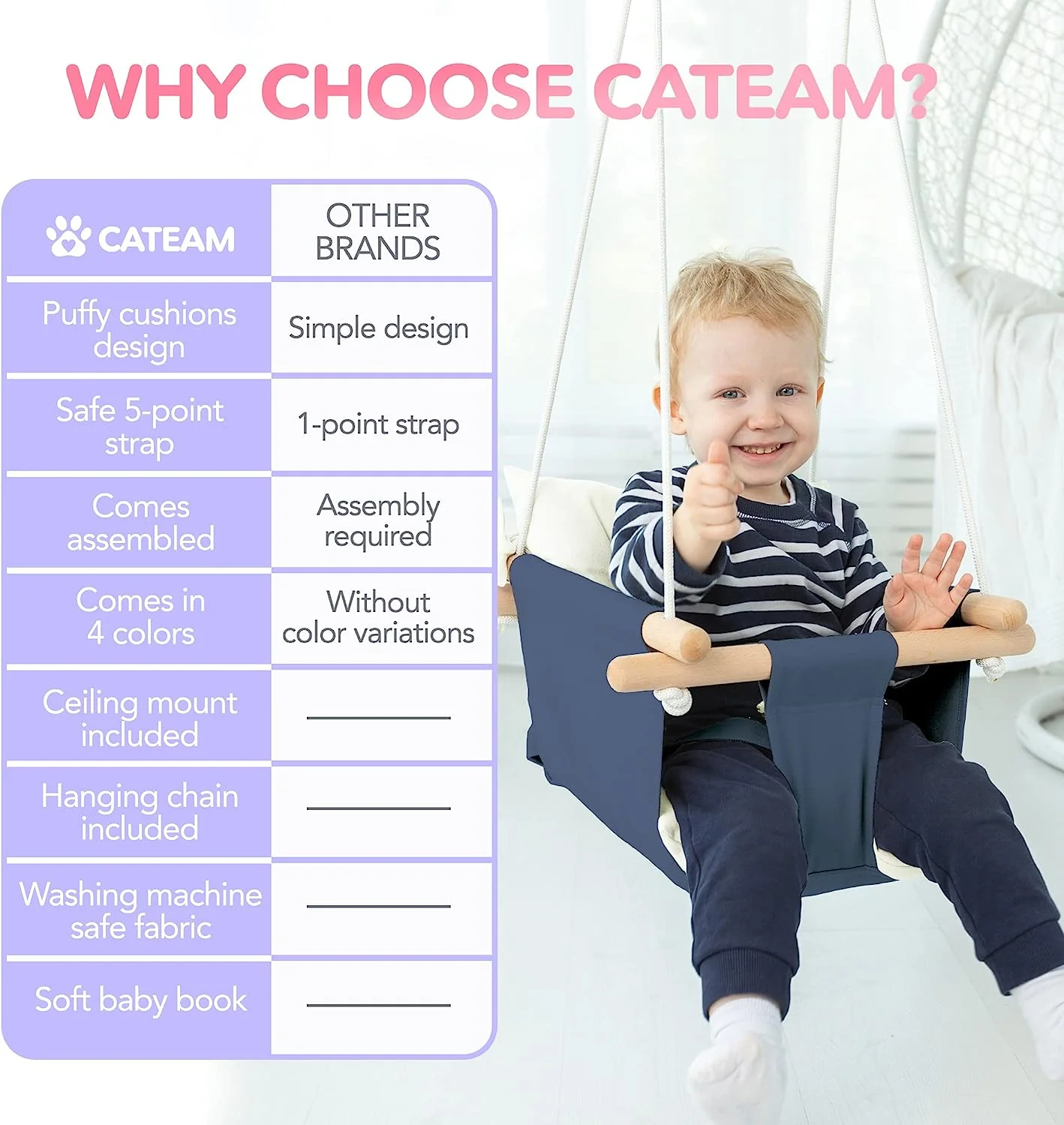 Babyschaukel aus Segeltuch, hängender Schaukelsitz aus Holz mit Sicherheitsgurt, langlebiger Baby-Hängemattenstuhl, Außen- und Innenschaukel für Kinder, Montagezubehör im Lieferumfang enthalten, Elfenbeinfarben