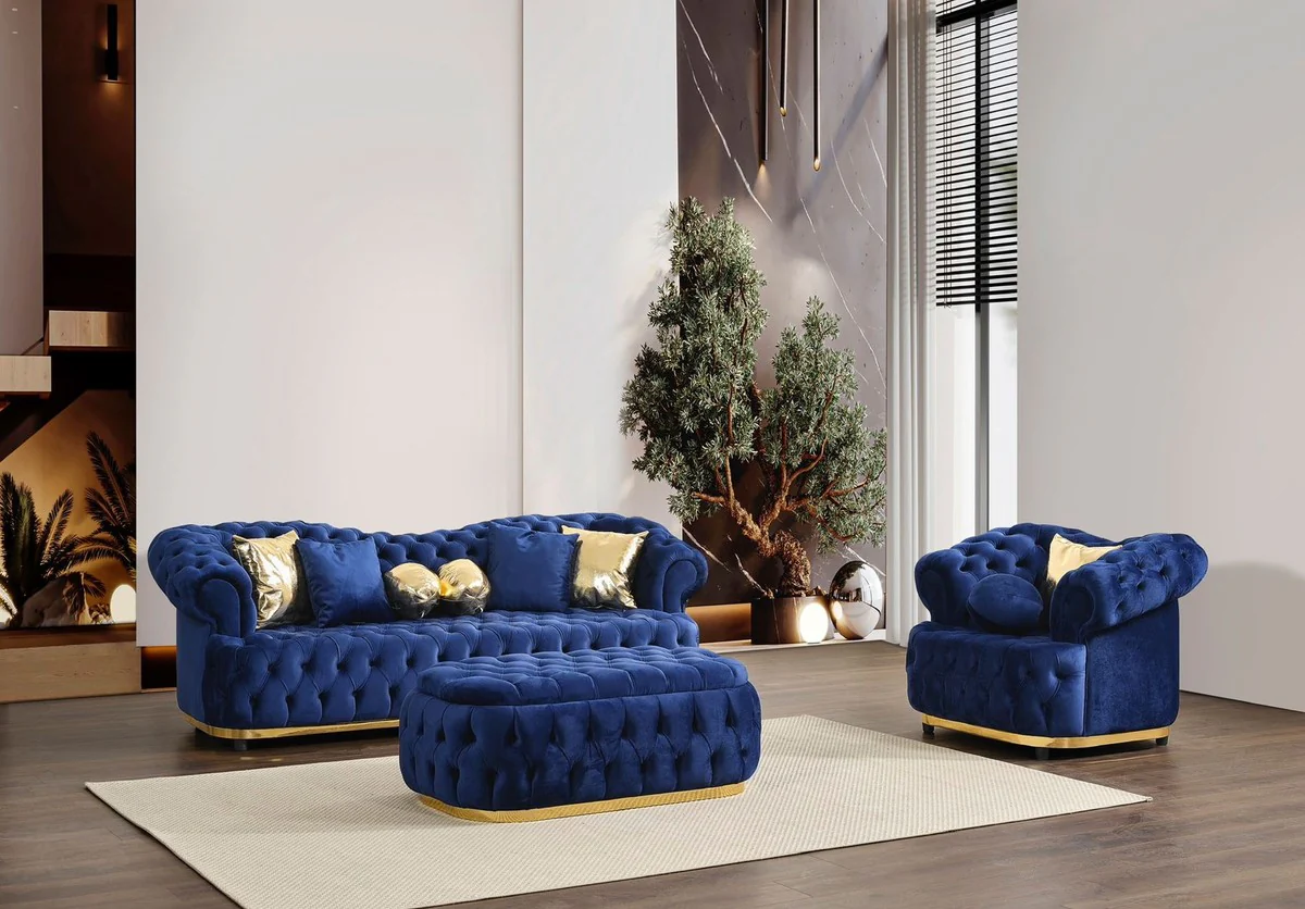 Luxury Chesterfield velvet stool blue / gold 110 cm