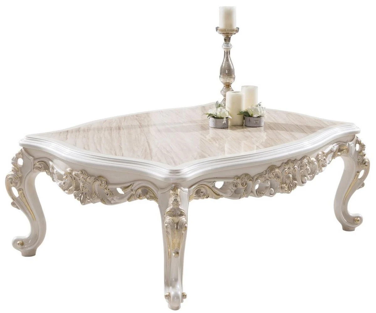 Luxury baroque coffee table brown / white / gold 125 x 87 x H. 48 cm - Rectangular solid wood living room table in baroque style - Noble baroque living room furniture