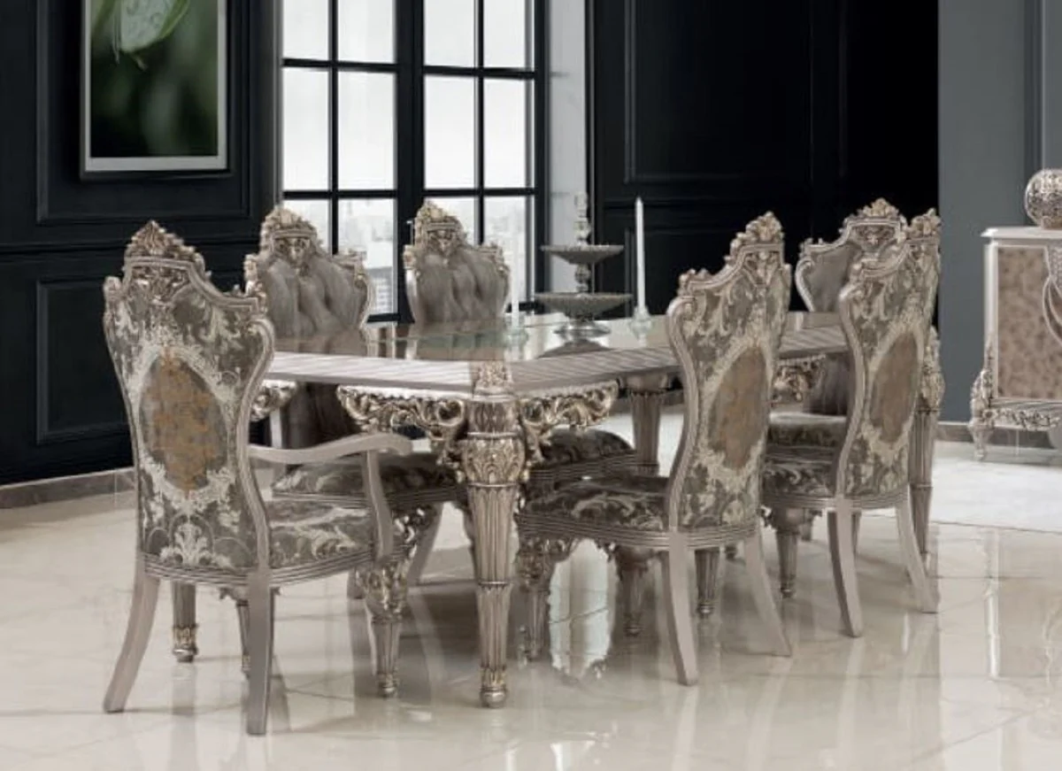 Luxury baroque dining room set gray / silver - 1 dining table & 8 dining room chairs - Magnificent dining room furniture in the baroque style