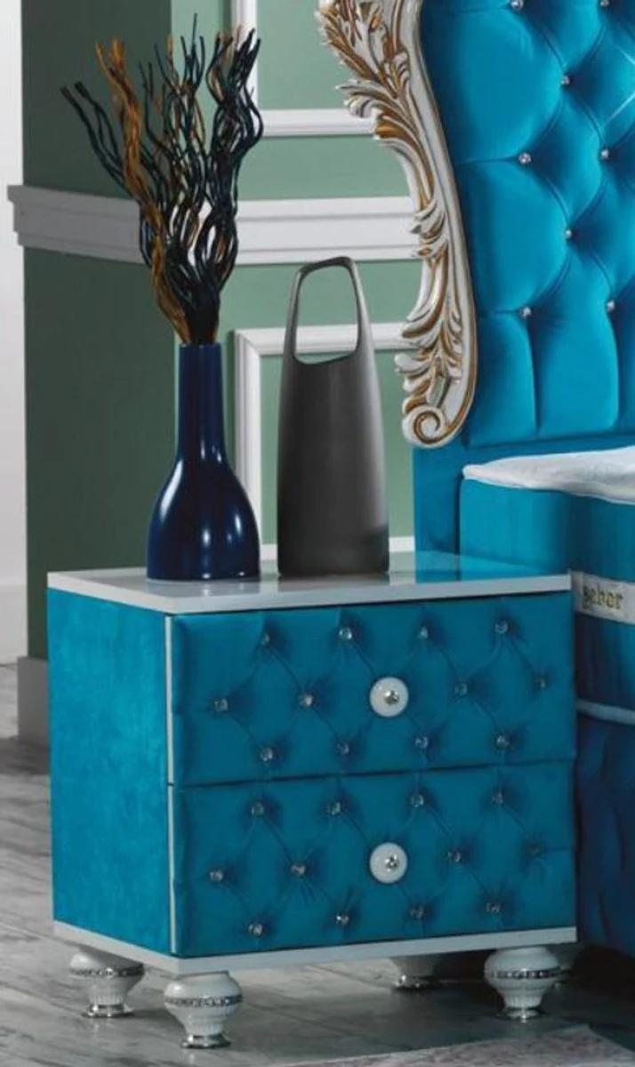 Baroque bedside table with rhinestones and 2 drawers turquoise / white / silver 50 x 50 x H. 50 cm - Side table in baroque style - Baroque bedroom furniture