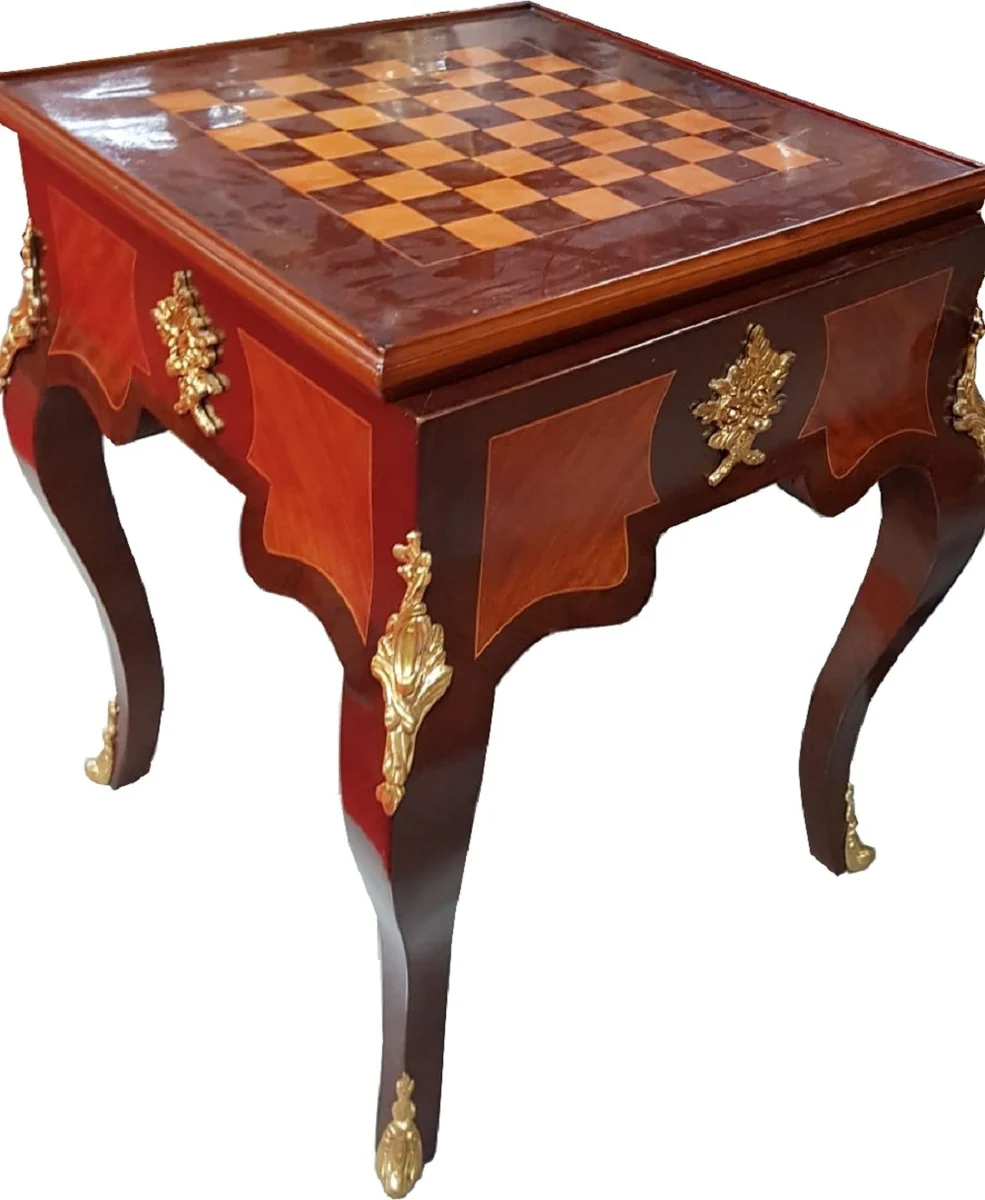 Art Deco solid wood chess table brown / dark brown / beige / brass 60 x 60 x H. 71 cm - handmade game table - side table - antique style baroque furniture