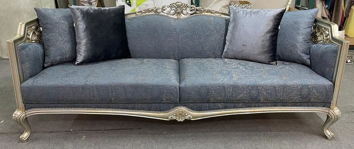 Luxury Baroque Sofa Blue / Silver / Gold - Magnificent Living Room Sofa - Baroque Style Living Room Furniture - Baroque Furnishings - Luxury Furniture in Baroque Style - Noble & Magnificent
