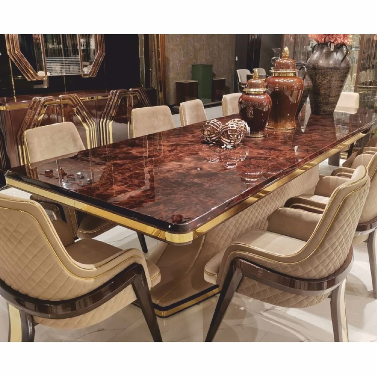 Luxury Art Deco Dining Room Set - Dining Table & 6 Dining Room Chairs with Armrests