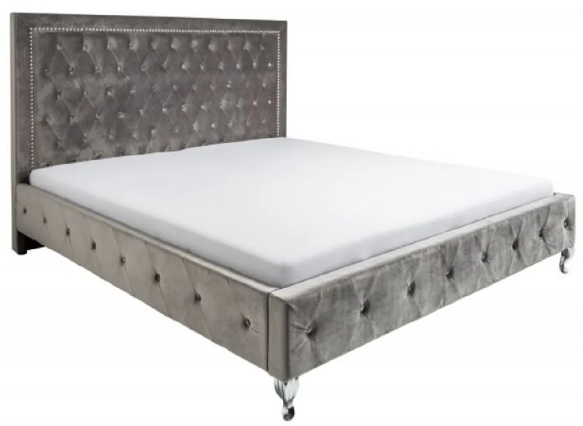 Chesterfield velvet double bed silver gray / silver 190 x 215 x H. 130 cm - Solid wood bed with headboard - Chesterfield bedroom furniture