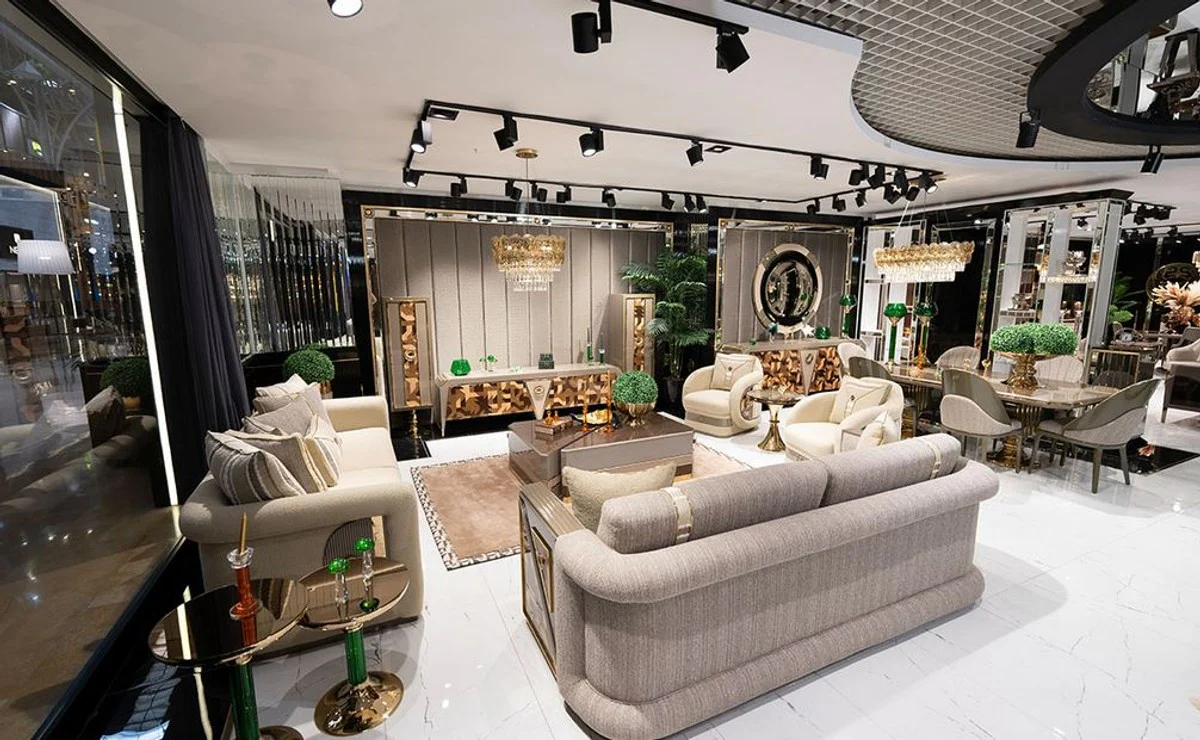 Luxus Sofa Creme / Braun / Grau / Gold - Wohnzimmer Sofa - Hotel Sofa - Wohnzimmer Möbel - Hotel Möbel - Luxus Möbel