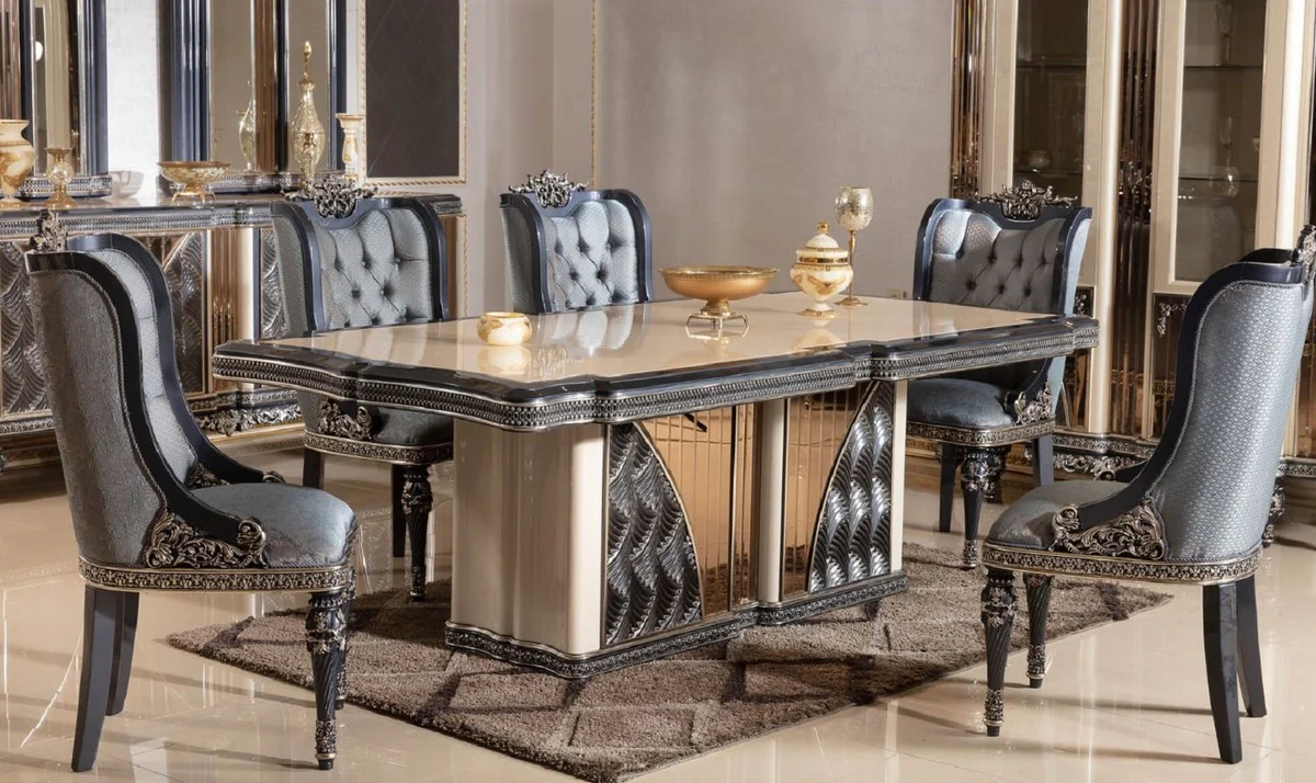 Luxury Baroque Dining Room Set Beige / Light Blue / Black / Gold - 1 Baroque Dining Table & 6 Baroque Dining Room Chairs - Luxury Dining Room Furniture in Baroque Style - Baroque Furniture - Noble & Magnificent