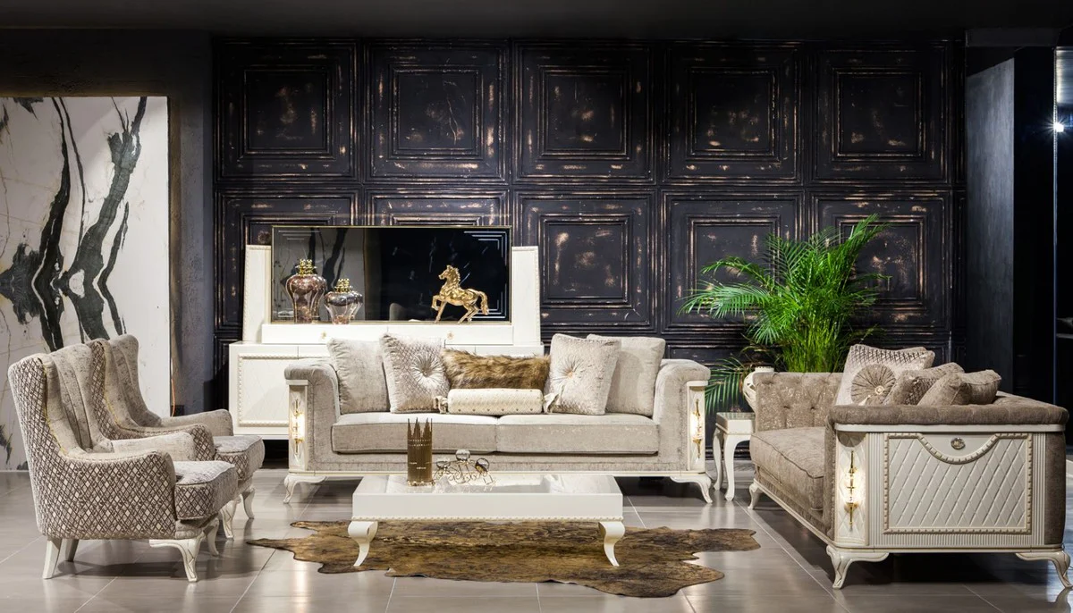 Luxury Baroque Sofa Light Gray / White / Gold - Illuminated Living Room Sofa in Baroque Style - Baroque Living Room Furniture - Noble & Magnificent