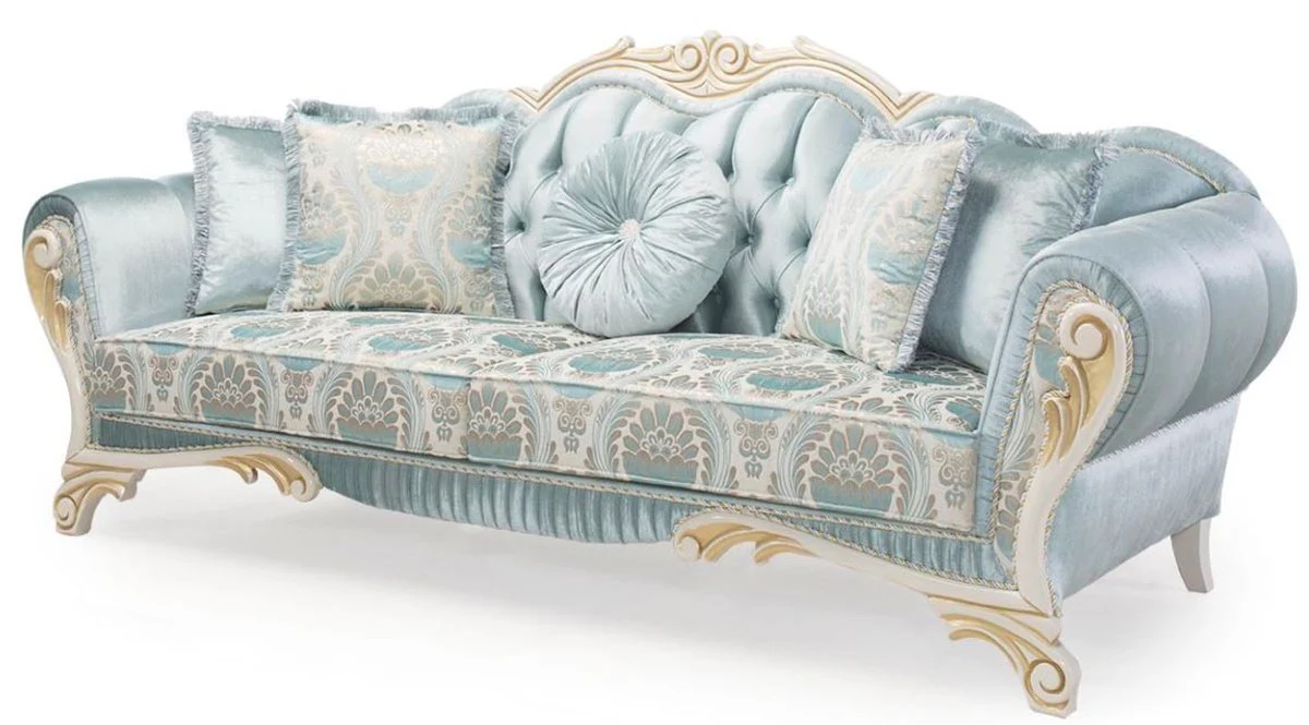Luxury baroque sofa with decorative cushions turquoise / cream / gold 234 x 87 x H. 99 cm - living room furniture in the baroque style