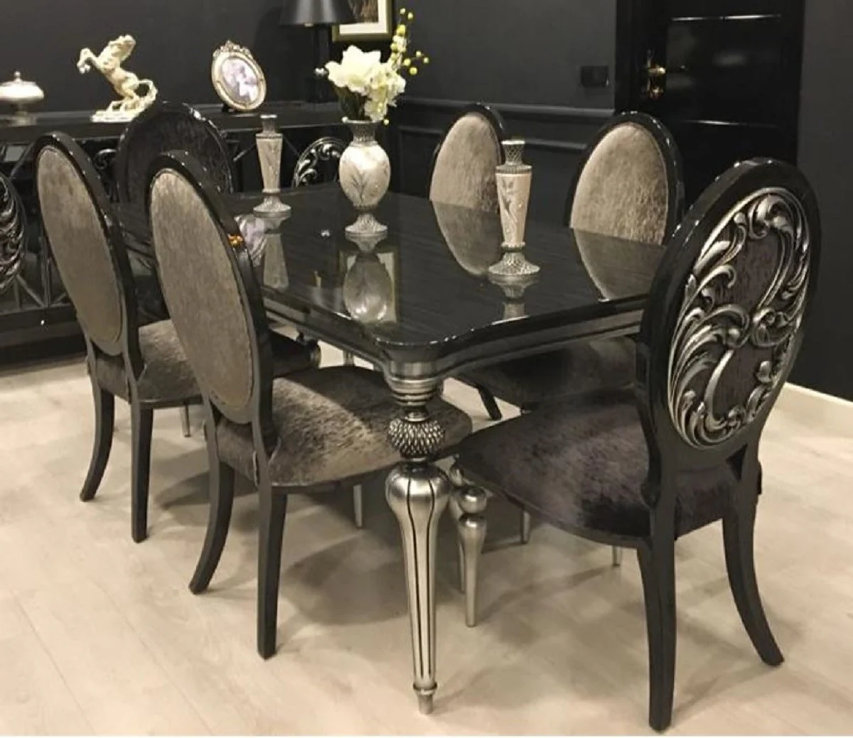 Luxury Baroque Dining Room Set Black / Gray / Silver - 1 Dining Room Table & 6 Dining Chairs - Baroque Dining Room Furniture - Noble & Magnificent