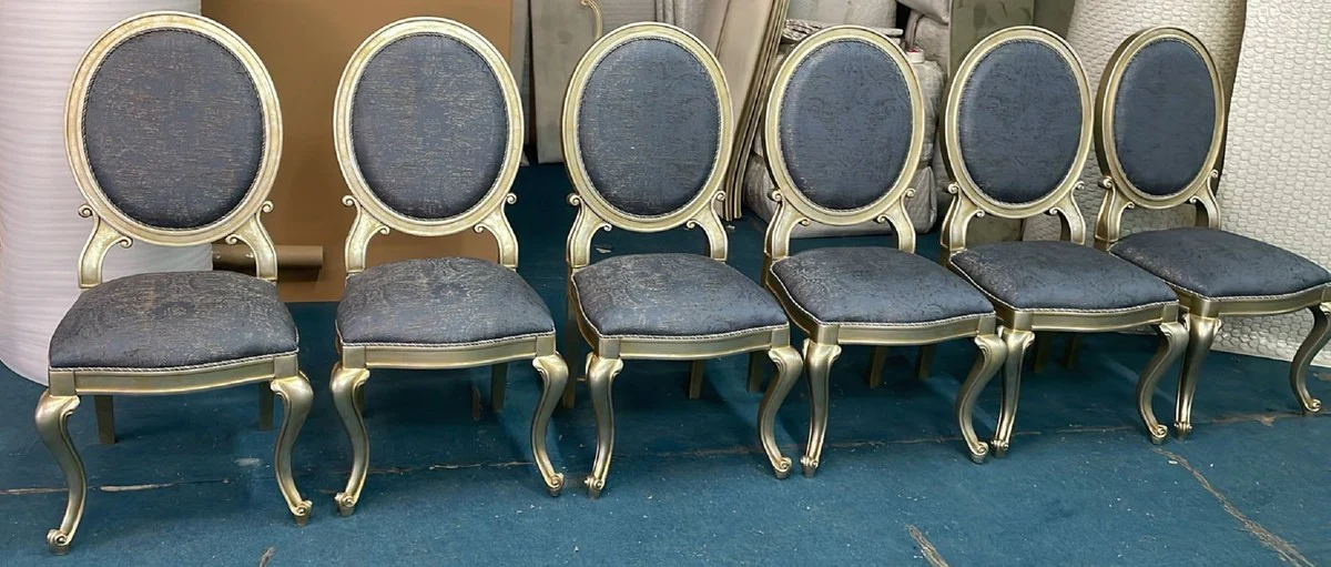 Luxury Baroque Dining Room Chair Set of 6 Blue / Silver / Gold - Magnificent Dining Room Chairs in Baroque Style - Baroque Dining Room Furniture - Luxury Dining Room Furniture in Baroque Style