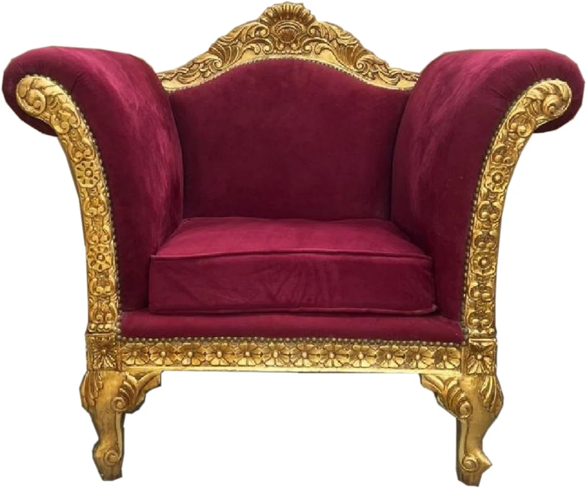 Barock Lounge Sessel Bordeauxrot / Gold - Handgefertigter Antik Stil Sessel - Wohnzimmer Möbel - Barock Möbel - Edel & Prunkvoll