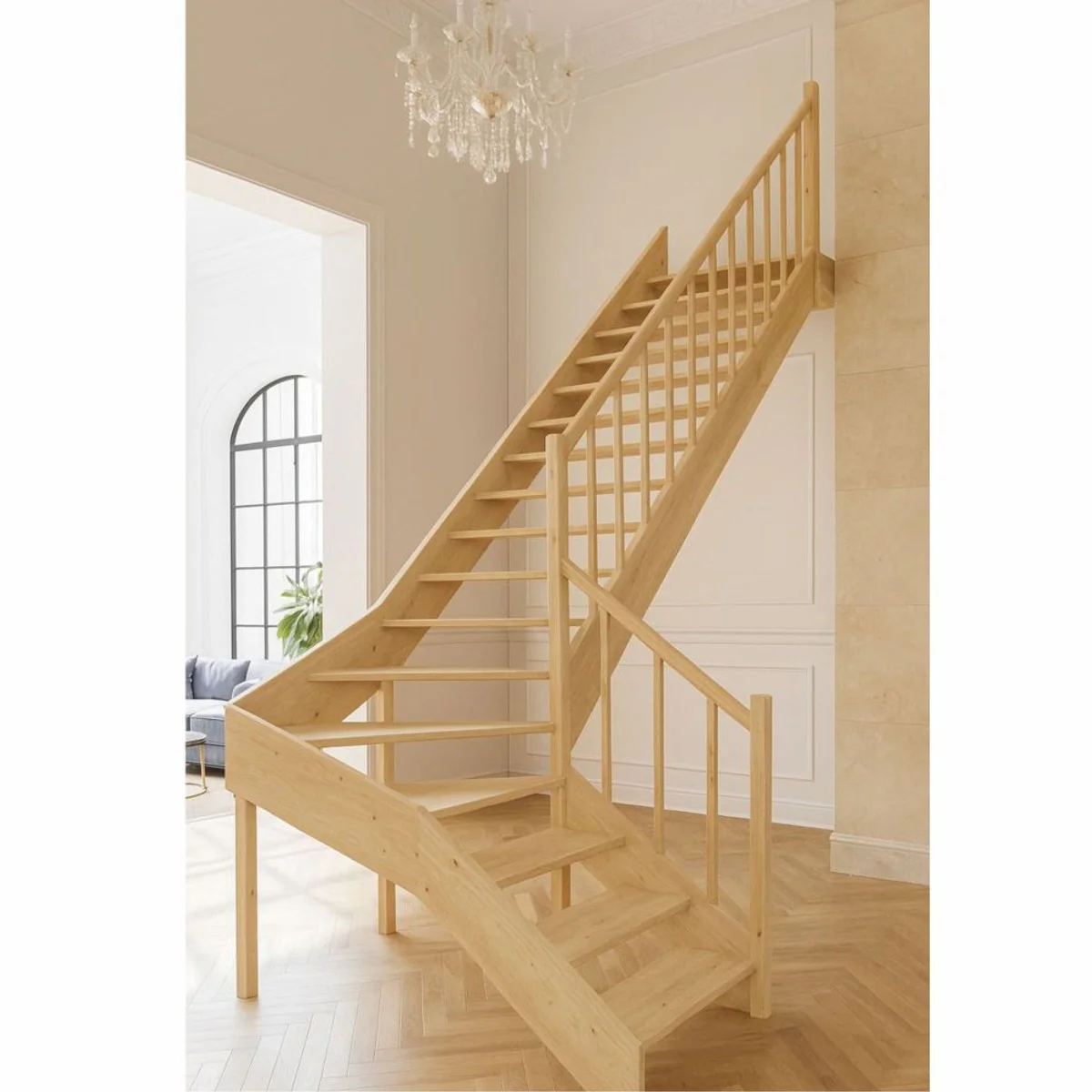 Luxury corner wooden staircase with railing right side natural color H. 304 cm