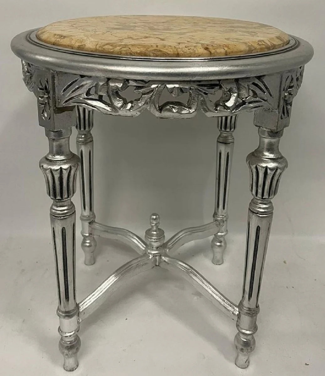 Baroque side table silver / beige - round antique style solid wood table with marble top - living room furniture in baroque style - antique style furniture - baroque furniture
