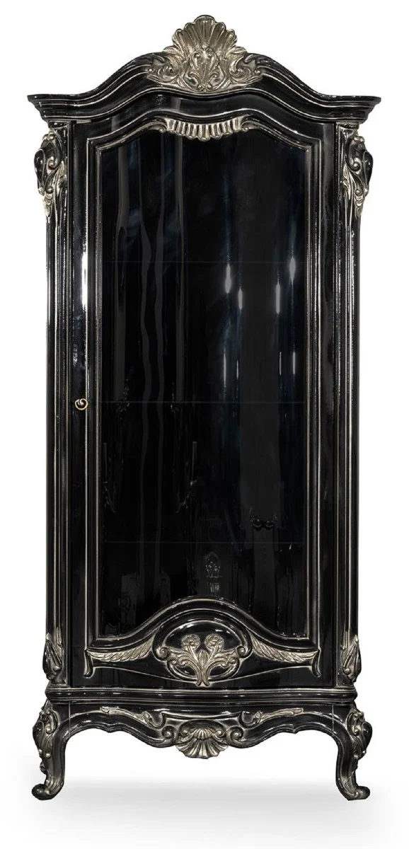 Luxury baroque display cabinet black / silver - magnificent solid wood display cabinet with glass door - handmade baroque furniture - noble and magnificent