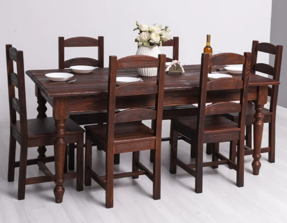Country Style Dining Room Furniture Set Dark Brown - 1 Country Style Dining Table & 6 Country Style Dining Chairs - Solid Wood Dining Room Furniture - Country Style Dining Room Furniture