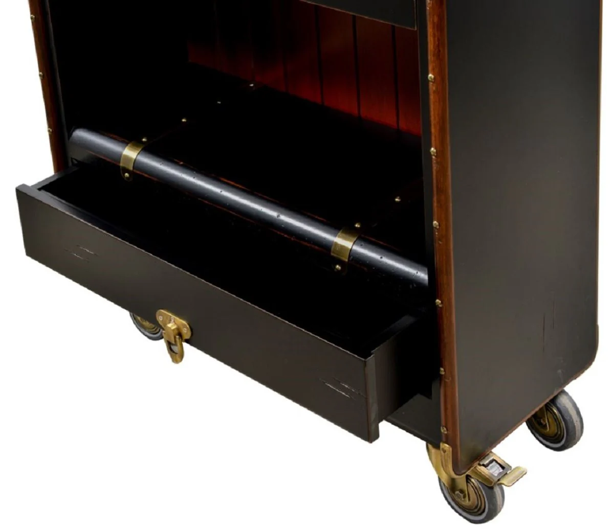 Luxury shelf cabinet in suitcase look black / red / brown / brass 84 x 35 x H. 200 cm - solid wood suitcase cabinet with wheels - office cabinet - office furniture - luxury furniture