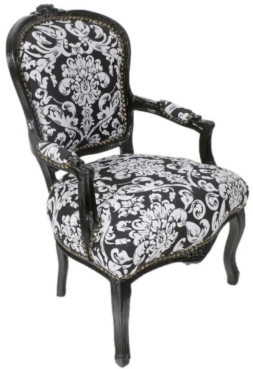Baroque salon chair with armrests and elegant pattern black / white 60 x 60 x H. 95 cm - handmade antique style chair - furniture in the baroque style