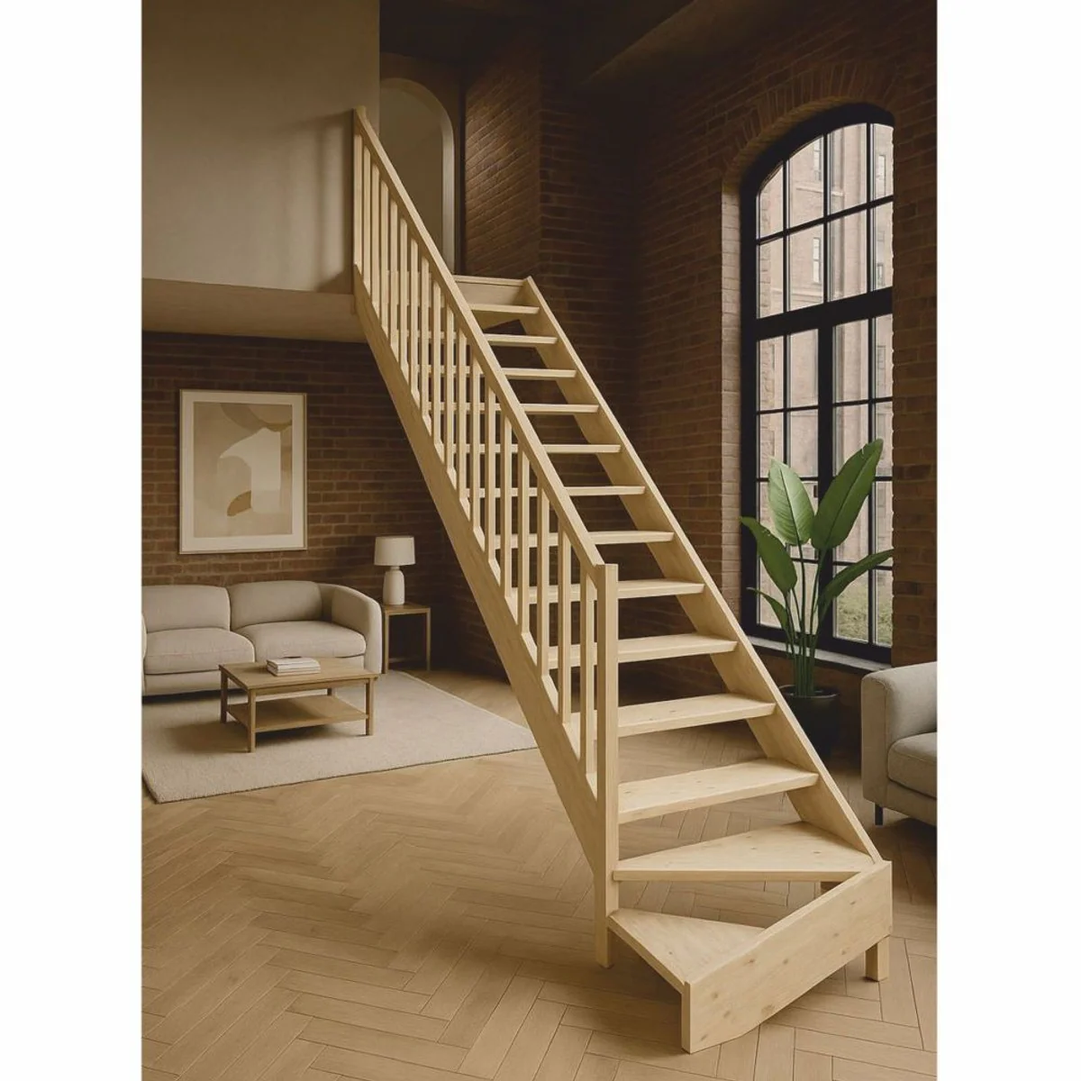 Luxury corner wooden staircase with railing left side natural color H. 364 cm