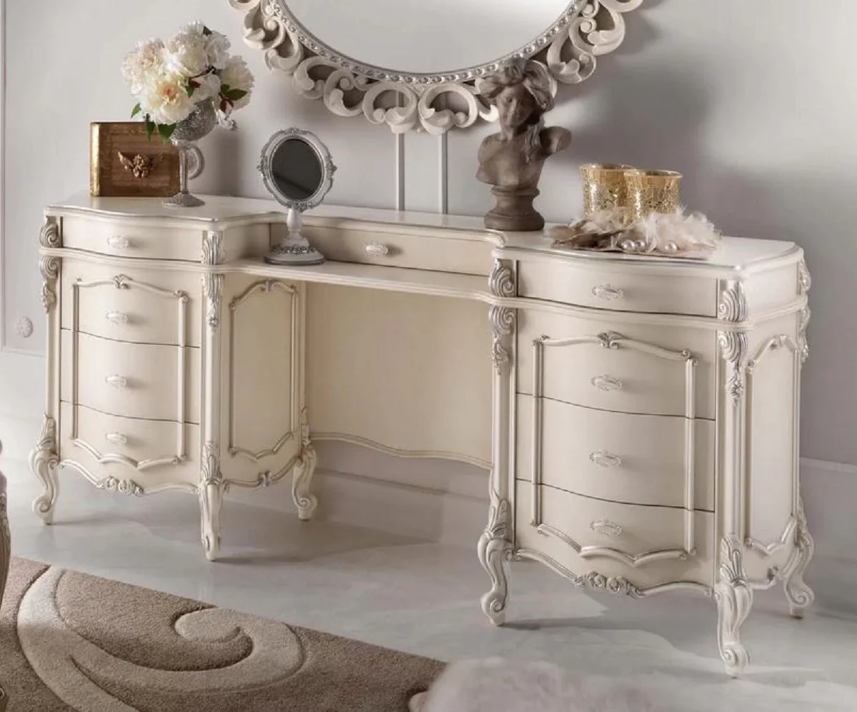 Luxury Baroque dressing table cream / silver - Elegant solid wood dressing table with 9 drawers - Baroque bedroom furniture - Luxury quality - Made in Italy