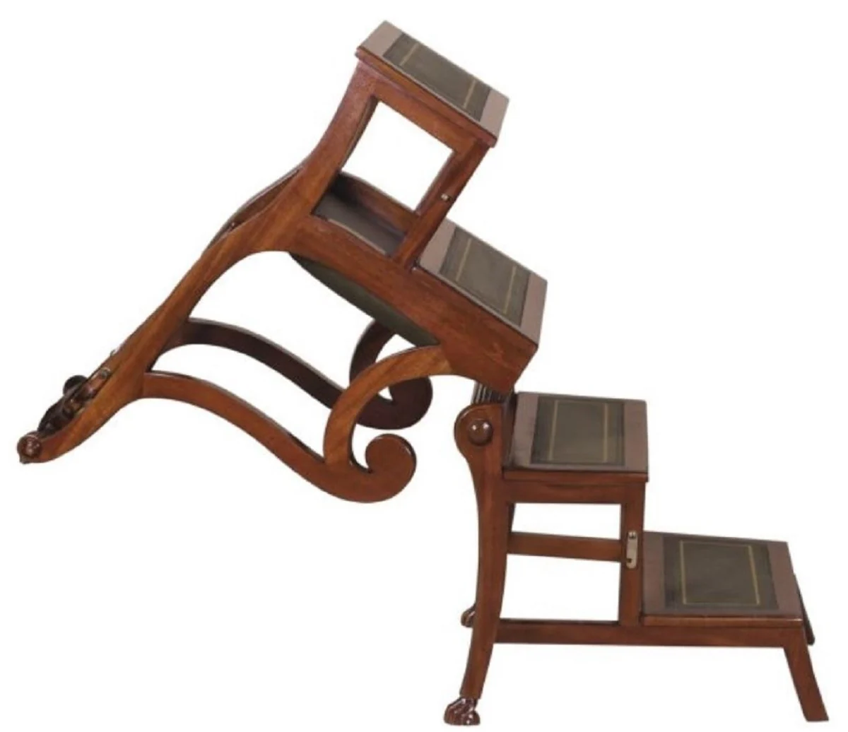Baroque ladder chair with real leather dark brown / green 61.3 x 59.1 x H. 87.8 cm - mahogany chair with armrests - baroque furniture