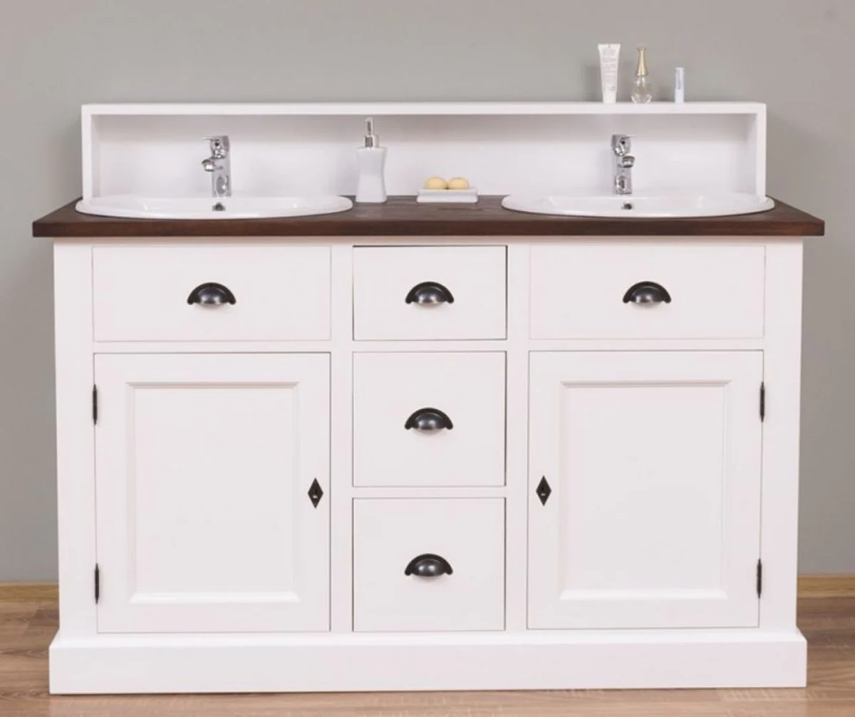 Country house style double washbasin white / dark brown 147 x 51 x H. 110 cm - solid wood washbasin cabinet - bathroom furniture in country house style