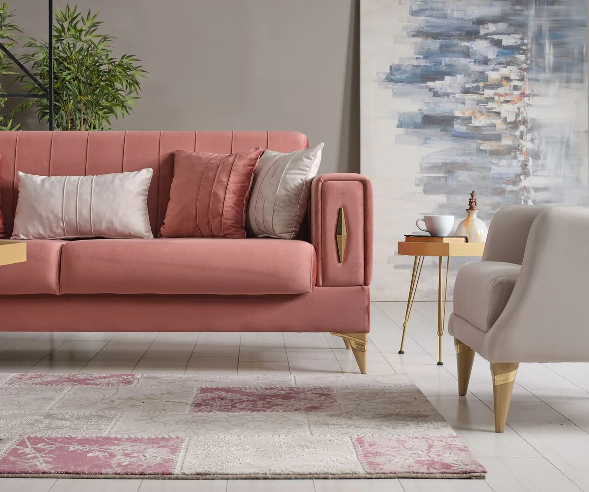 Luxury sofa bed pink / gold 222 x 93 x H. 87 cm - Living room sofa with 5 cushions - Luxury living room furniture