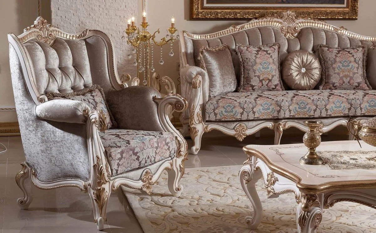 Luxus Barock Wohnzimmer Möbel Set Braun / Weiß / Gold