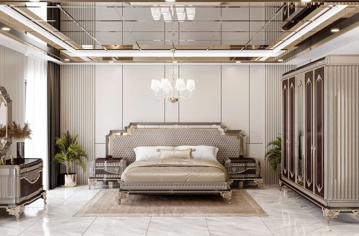 Luxury baroque chest of drawers with wall mirror dark brown / gray / gold