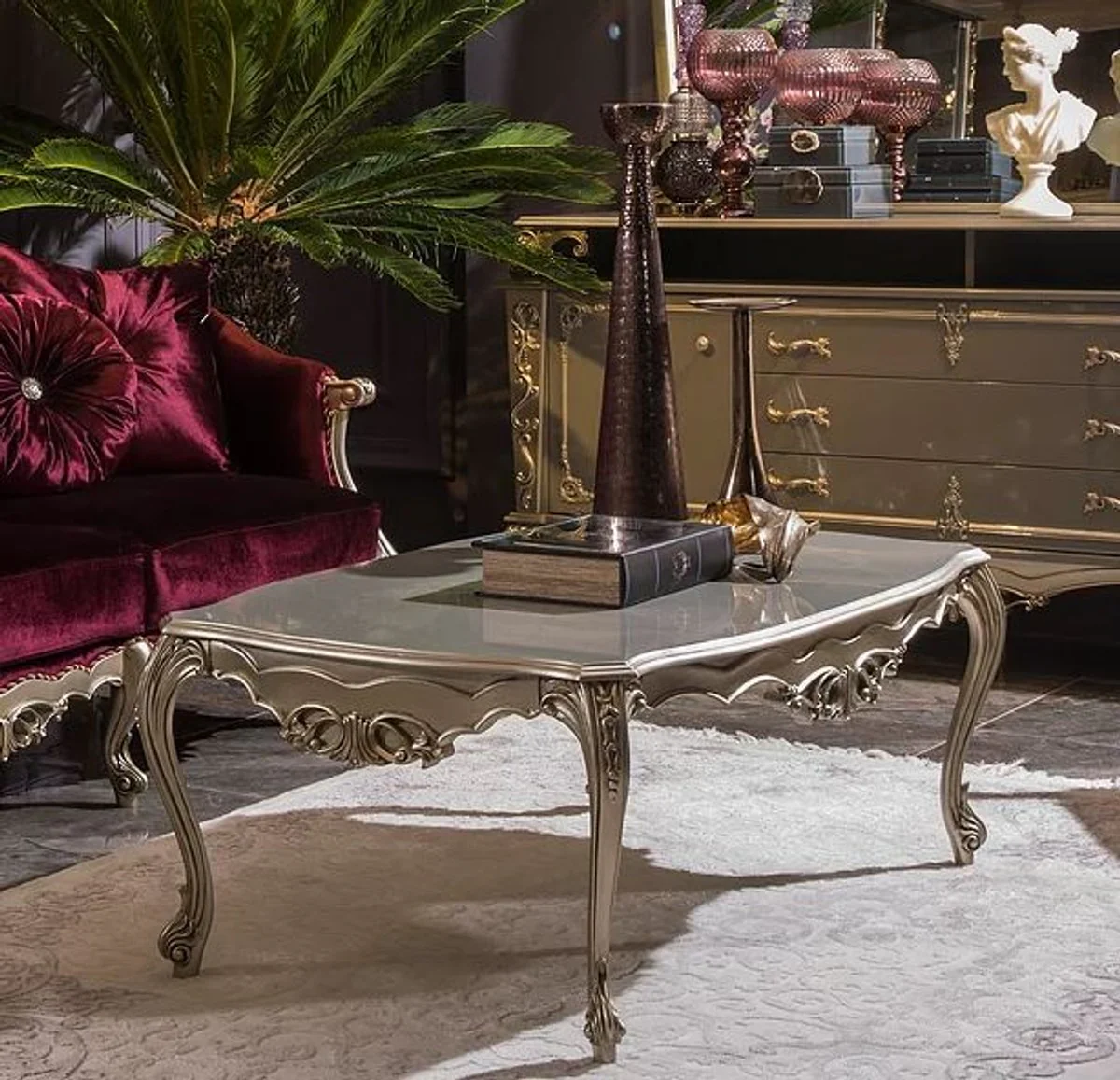 Luxury baroque coffee table silver 122 x 71 x H. 48 cm - solid wood living room table - noble baroque furniture