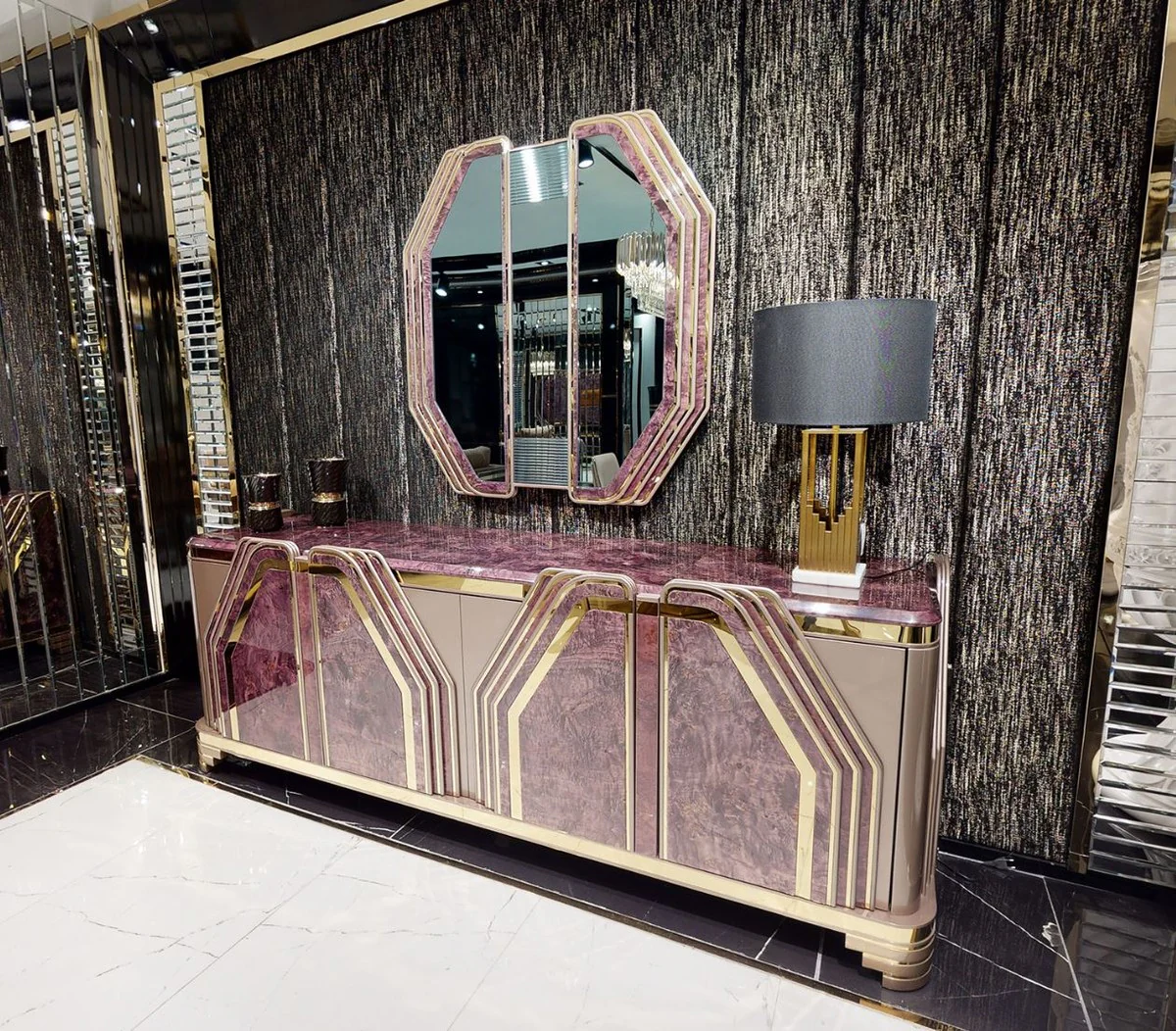 Luxury Art Deco wall mirror purple / gold - solid wood mirror with marble look - luxury Art Deco living room & hotel furniture