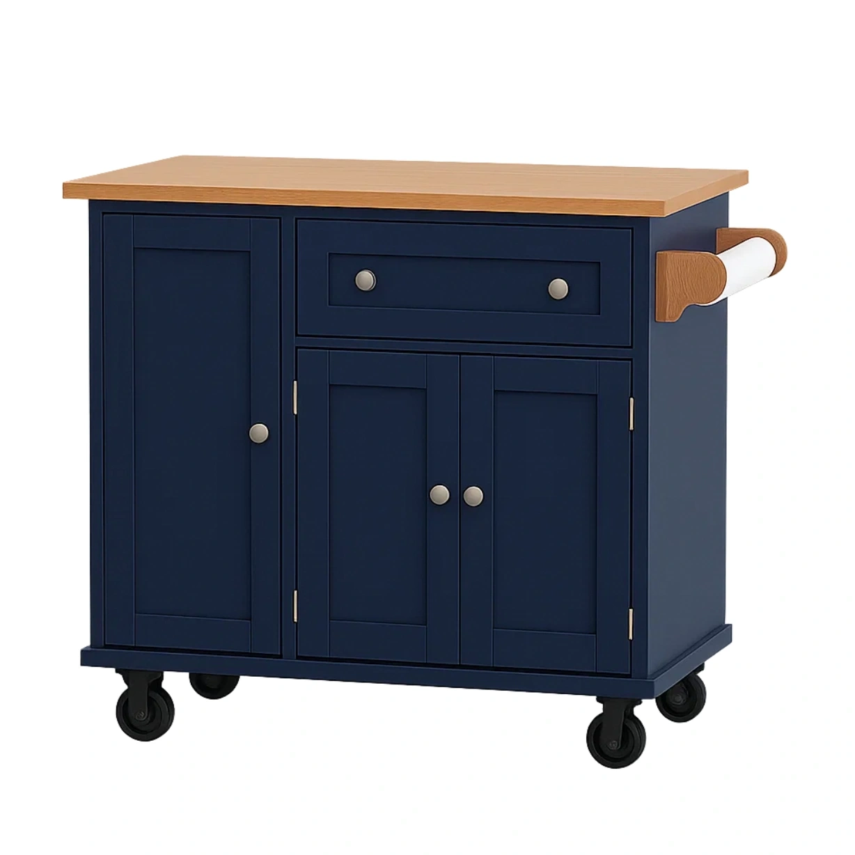 Rechteckige Kücheninsel mit Rollen, aus MDF-Holz, blau, mit Holzarbeitsplatte, Türen und Schublade, Maße: 90 cm lang, 40 cm breit, 85 cm hoch, für den privaten Gebrauch. - 36V25Gm9ReFU