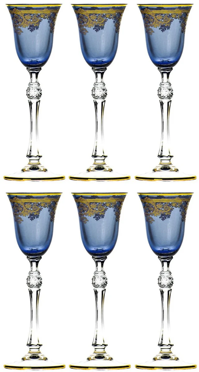 Luxury Baroque Liqueur Glass Set of 6 Blue / Gold Ø 6.5 x H. 18.5 cm - Handmade and hand-painted Liqueur Glasses - Hotel & Restaurant Accessories - Luxury Quality