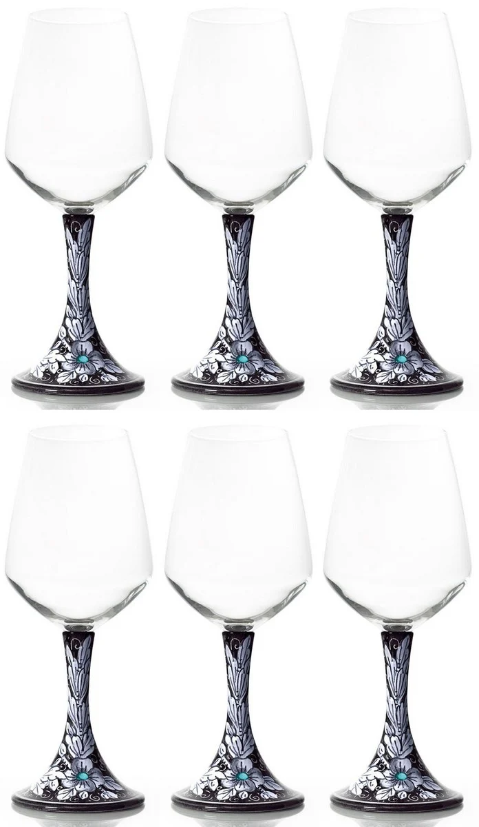 Luxury Ceramic Wine Glass Set of 6 Black / Multicolored H. 23.5 cm - Handmade & Hand-Painted Wine Glasses - Hotel & Restaurant Accessories - Luxury Quality - Made in Italy